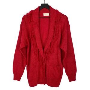 Vintage Oversized Cardigan‎ Sweater Fringe Collar Red Western Women's Size Large
